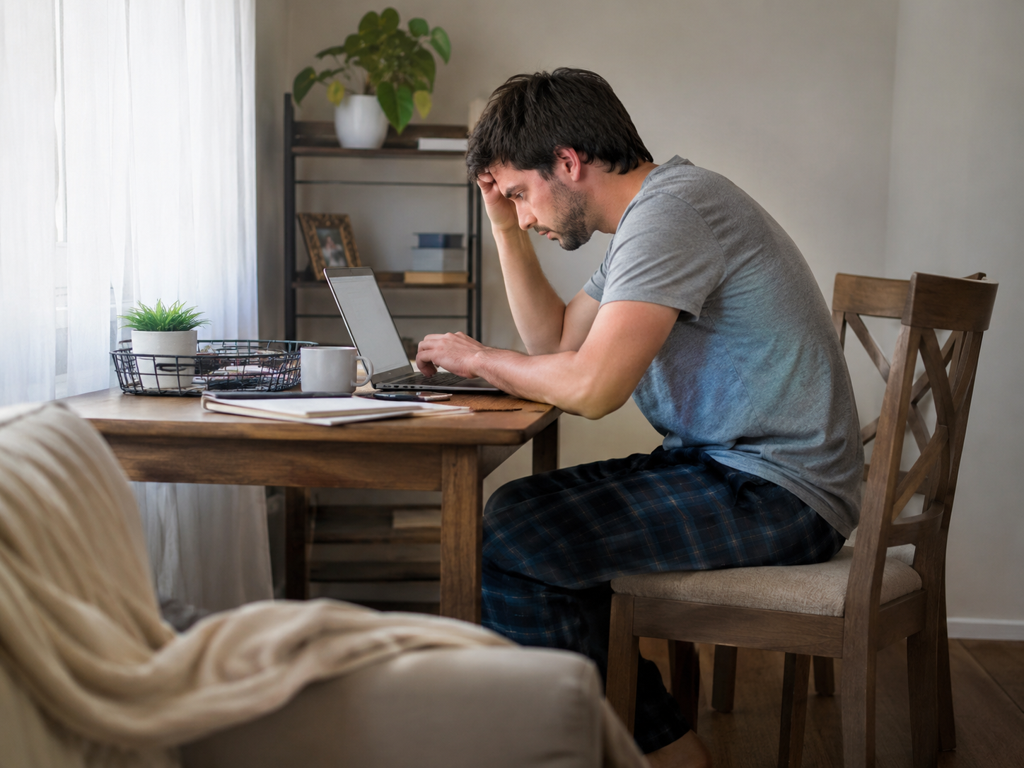 Persona trabajando en home office sin mobiliario adecuado