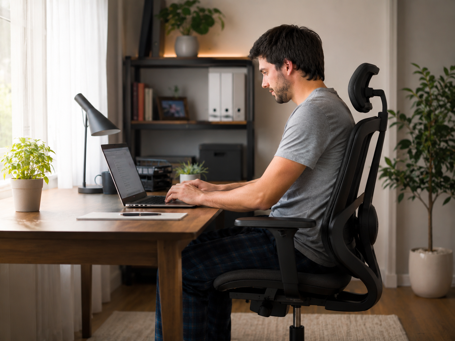 Home office cómodo con silla de oficina y escritorio adecuado